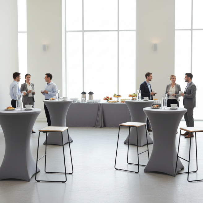 grey elastic cocktail table cover  | PRACOWNIA HORECA