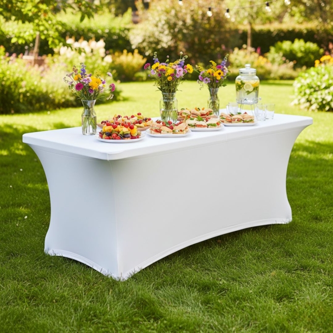 white stretch catering table cover 180x75cm | PRACOWNIA HORECA