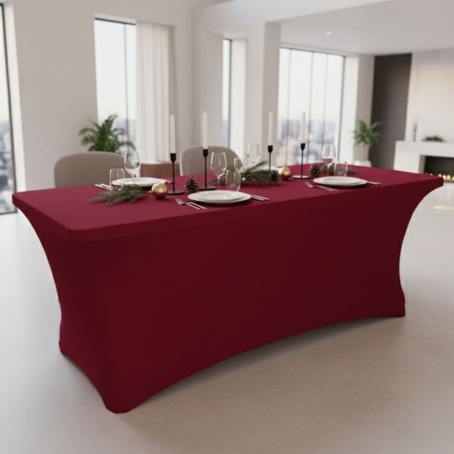 burgundy elastic table cover for Christmas | PRACOWNIA HORECA