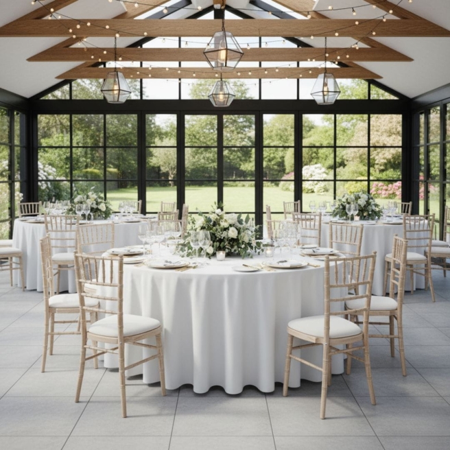 biały obrus okrągły plamoodporny 320cm | PRACOWNIA HORECA