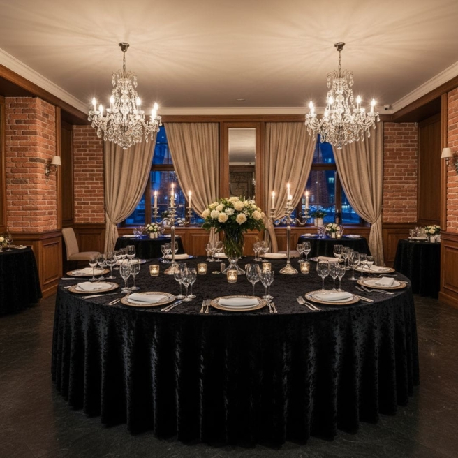 czarny obrus welurowy okrągły bankietowy 320cm | PRACOWNIA HORECA