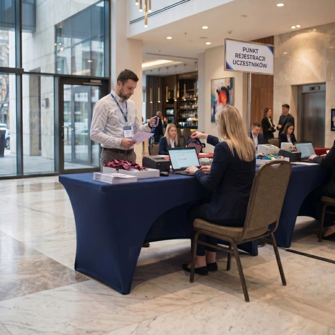 granatowy pokrowiec na stół bankietowy z podkrojem | PRACOWNIA HORECA