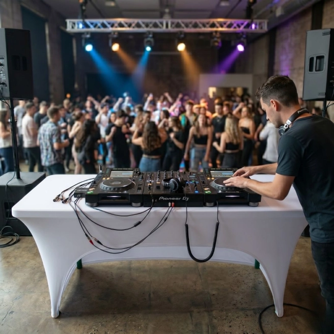 biały pokrowiec na stół cateringowy dla DJ | PRACOWNIA HORECA